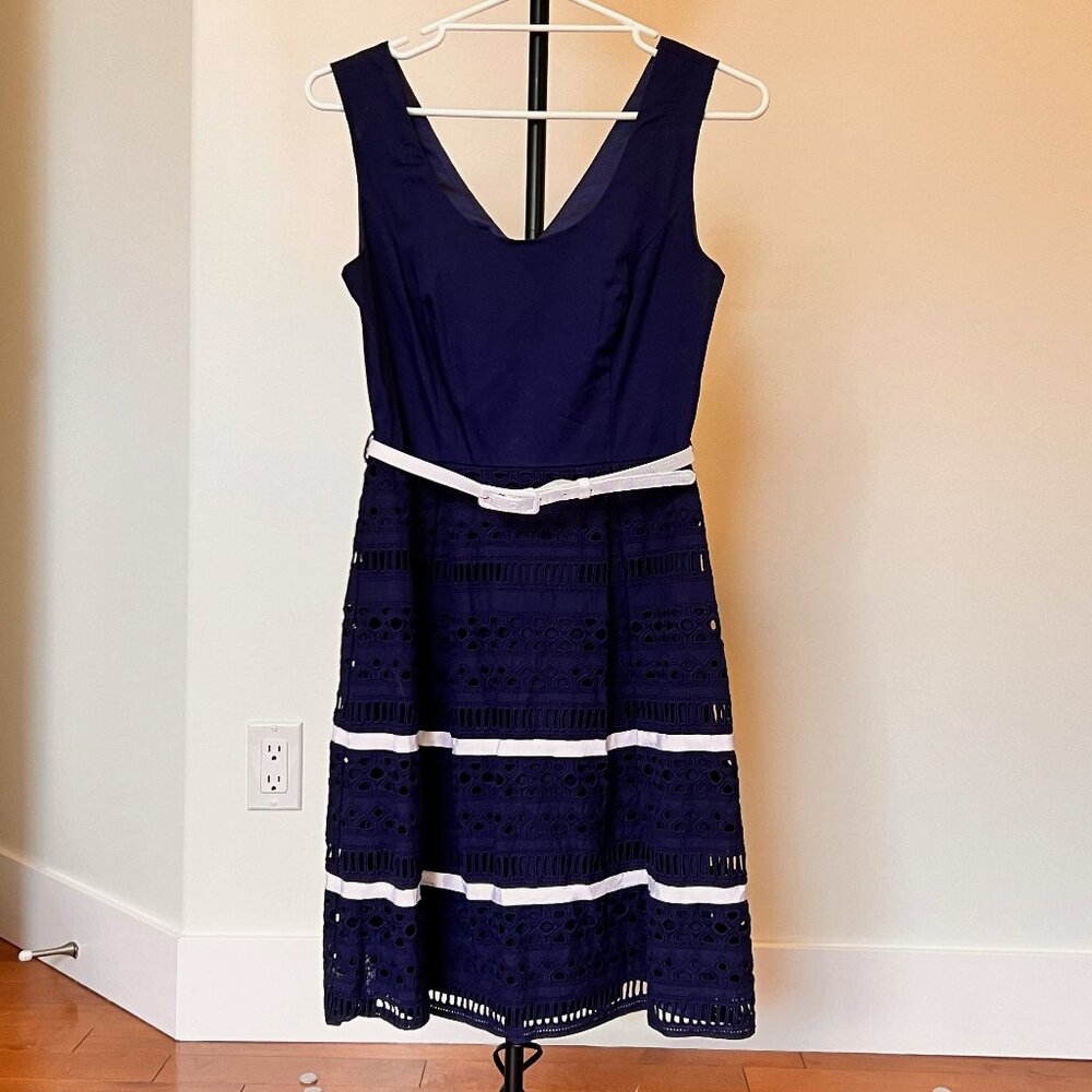 Review blue eyelet dress with white belt